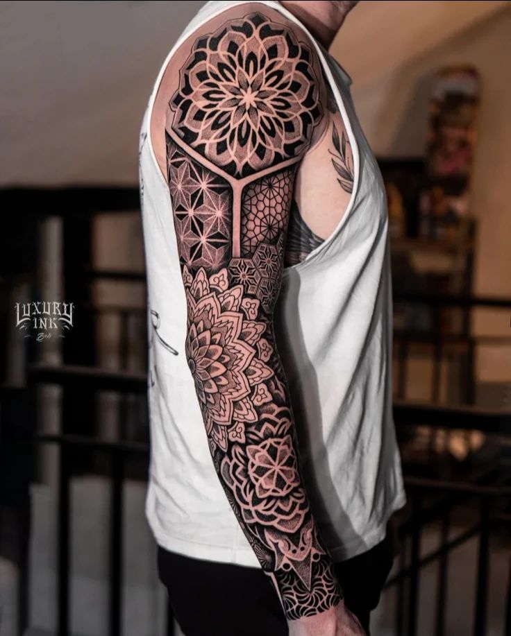 Geometric and Floral Sleeve Tattoo view 2