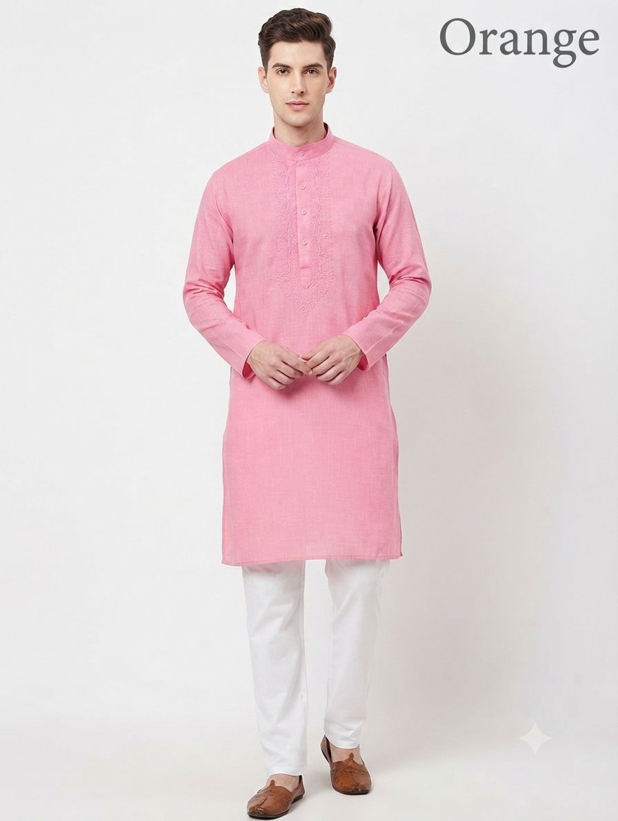 Cotton Kurta Orange (Neck Embroidery) view 5