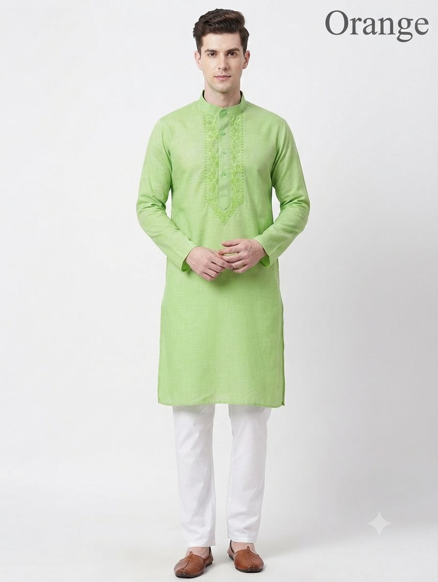 Cotton Kurta Orange (Neck Embroidery) view 2