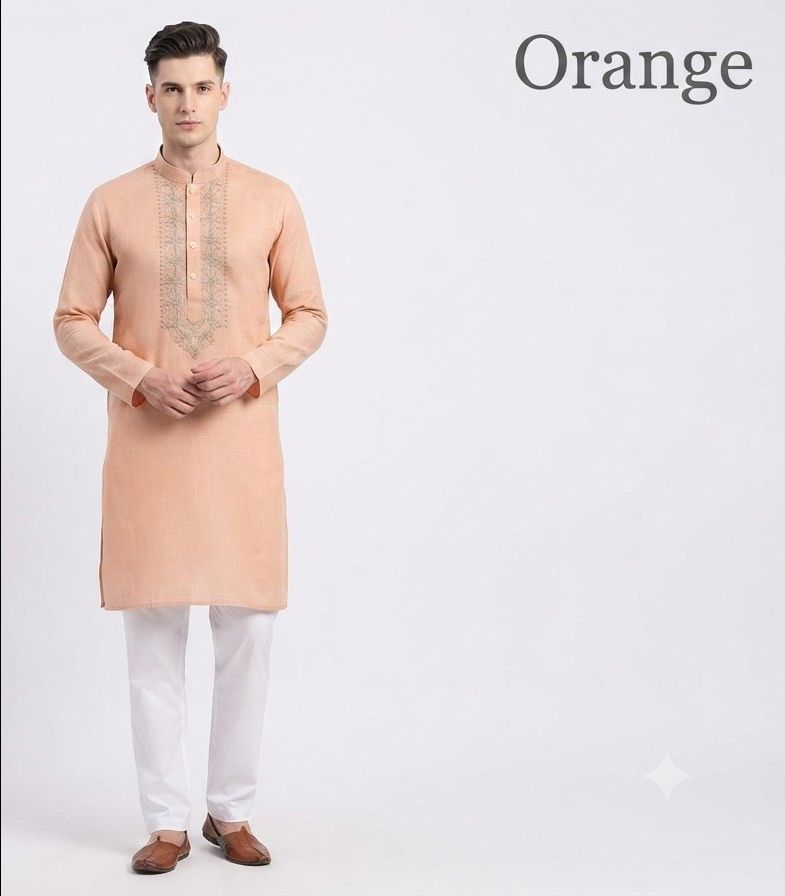 Cotton Kurta Orange (Neck Embroidery) view 4