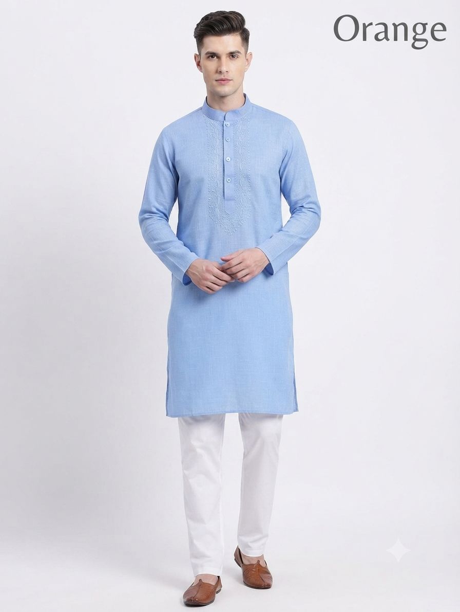 Cotton Kurta Orange (Neck Embroidery) view 3