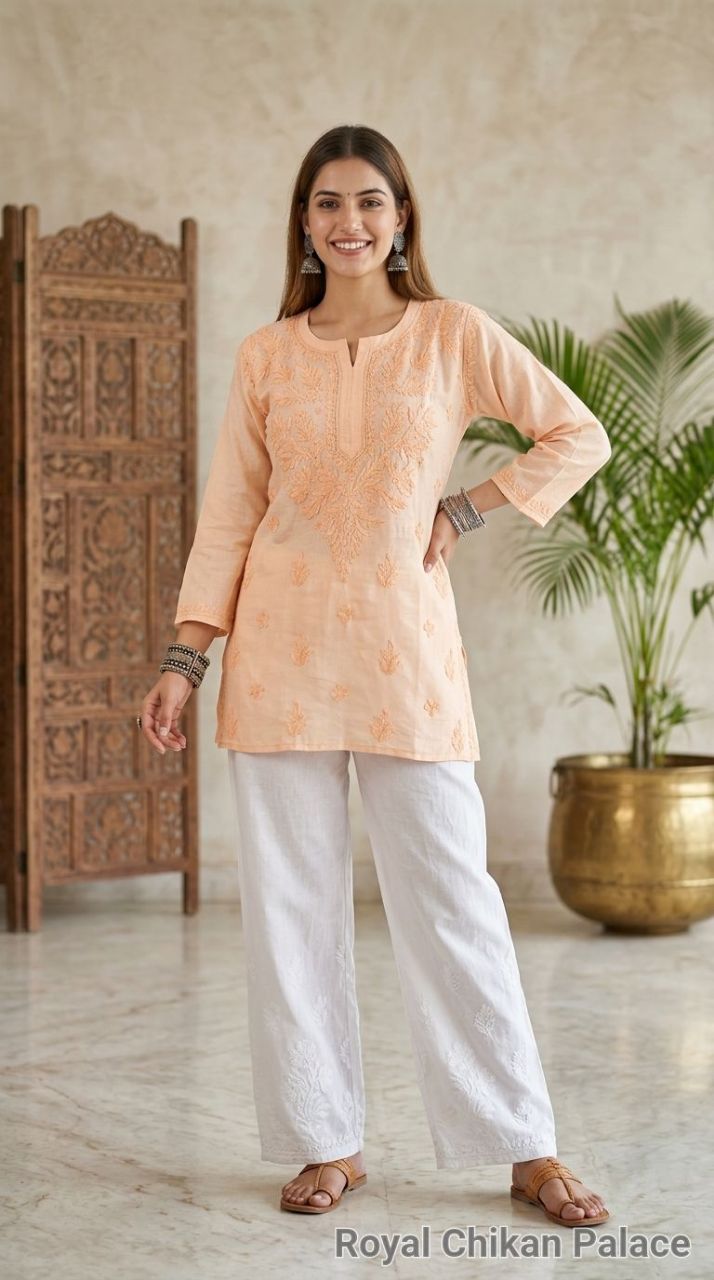 Lucknow Chikankaari Hand Embroidered Chanderi Short Top view 4