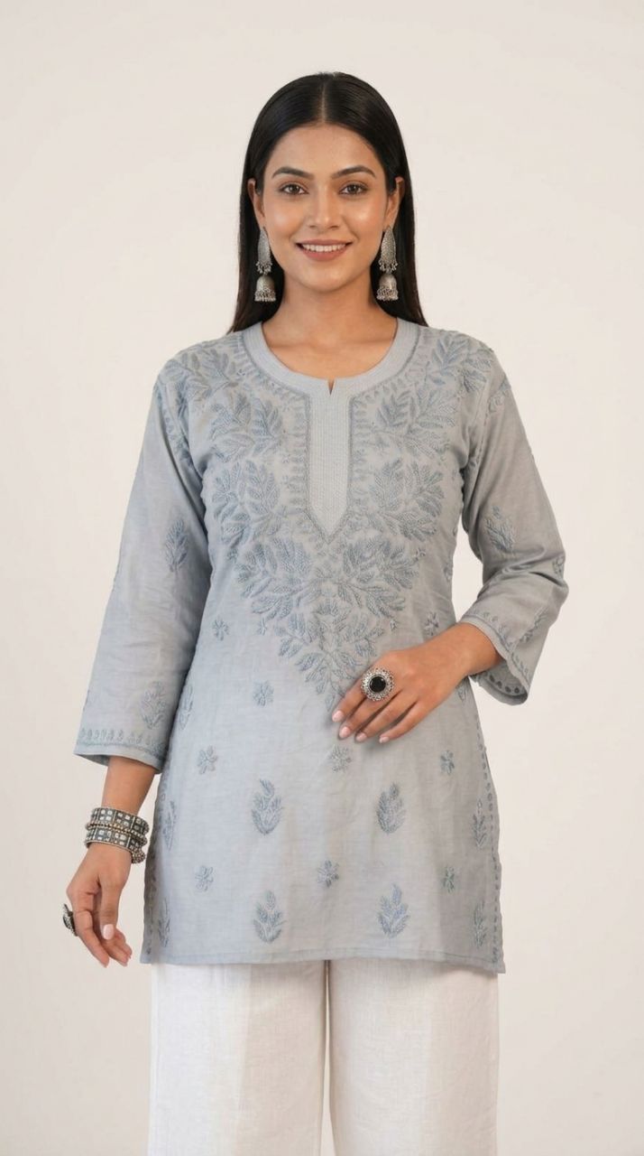 Lucknow Chikankaari Hand Embroidered Chanderi Short Top view 3