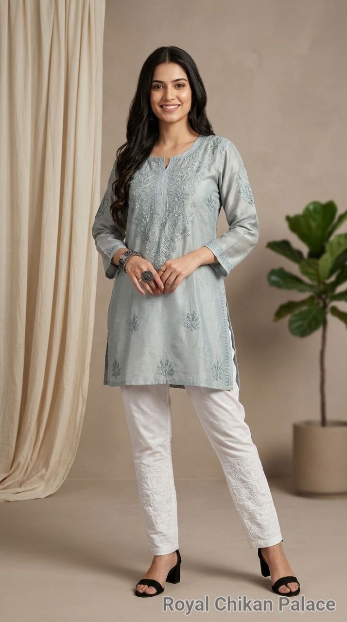 Lucknow Chikankaari Hand Embroidered Chanderi Short Top view 6