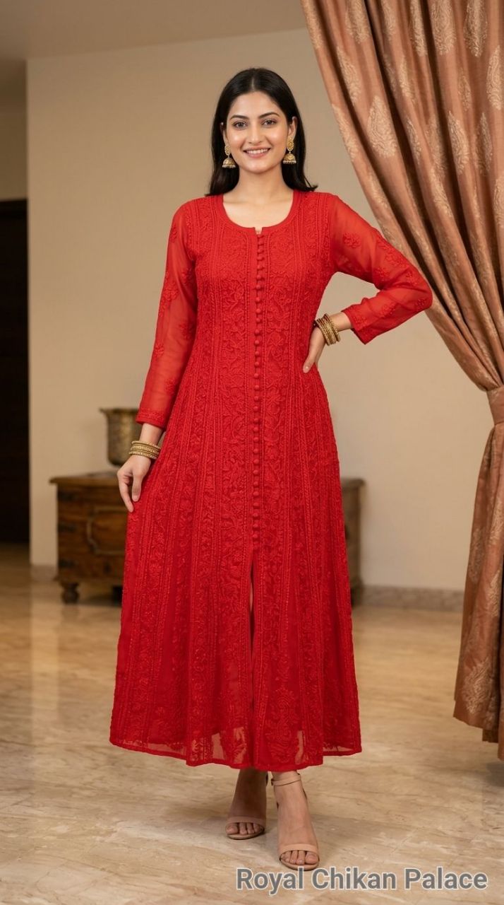 Lucknow Chikankaari Hand Embroidered Viscose Georgette Anarkali Kurti view 2