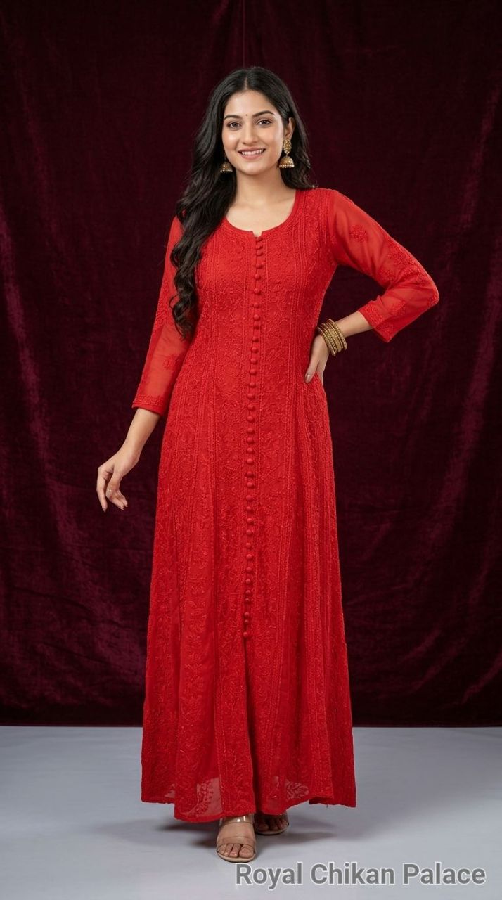Lucknow Chikankaari Hand Embroidered Viscose Georgette Anarkali Kurti view 3