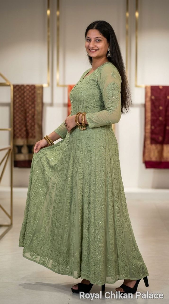 Lucknow Chikankaari Hand Embroidered Viscose Georgette Anarkali Kurti view 6