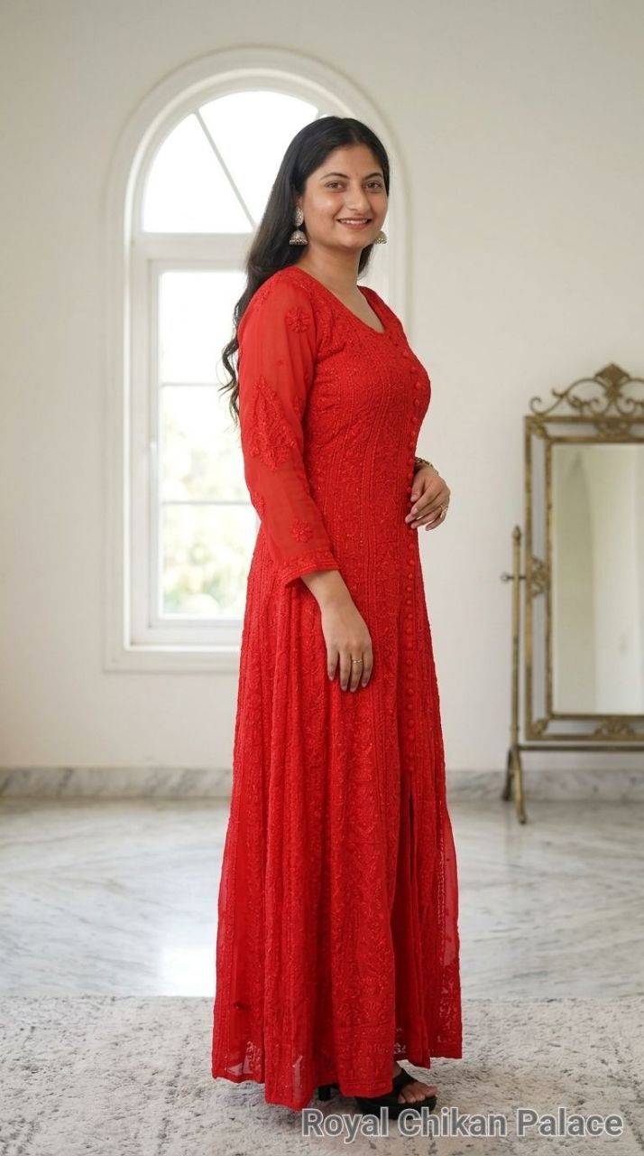 Lucknow Chikankaari Hand Embroidered Viscose Georgette Anarkali Kurti view 5
