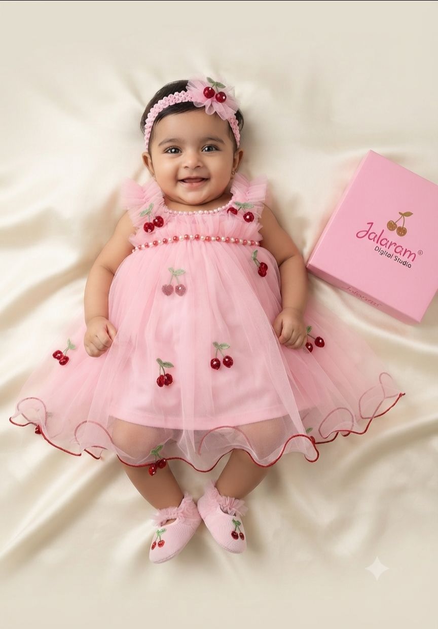 Baby Girls Pink Cherry Embroidered Party Wear Frock with Matching Shoes 8009