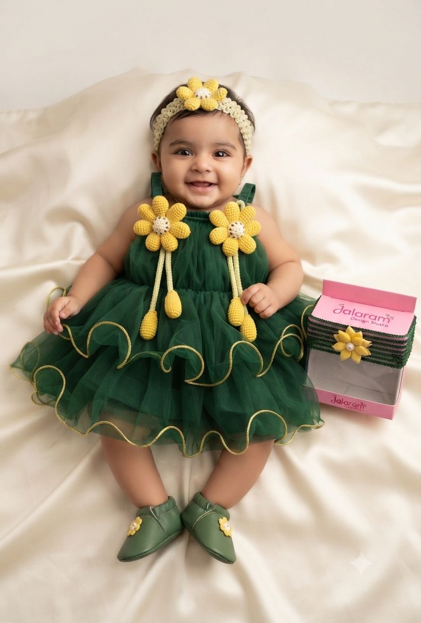Baby Girls Green Daisy Party Wear Frock with Matching Shoes 8072