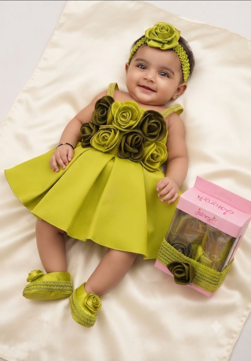 Baby Girls Olive Green Floral Party Wear Frock with Matching Shoes 8043 B