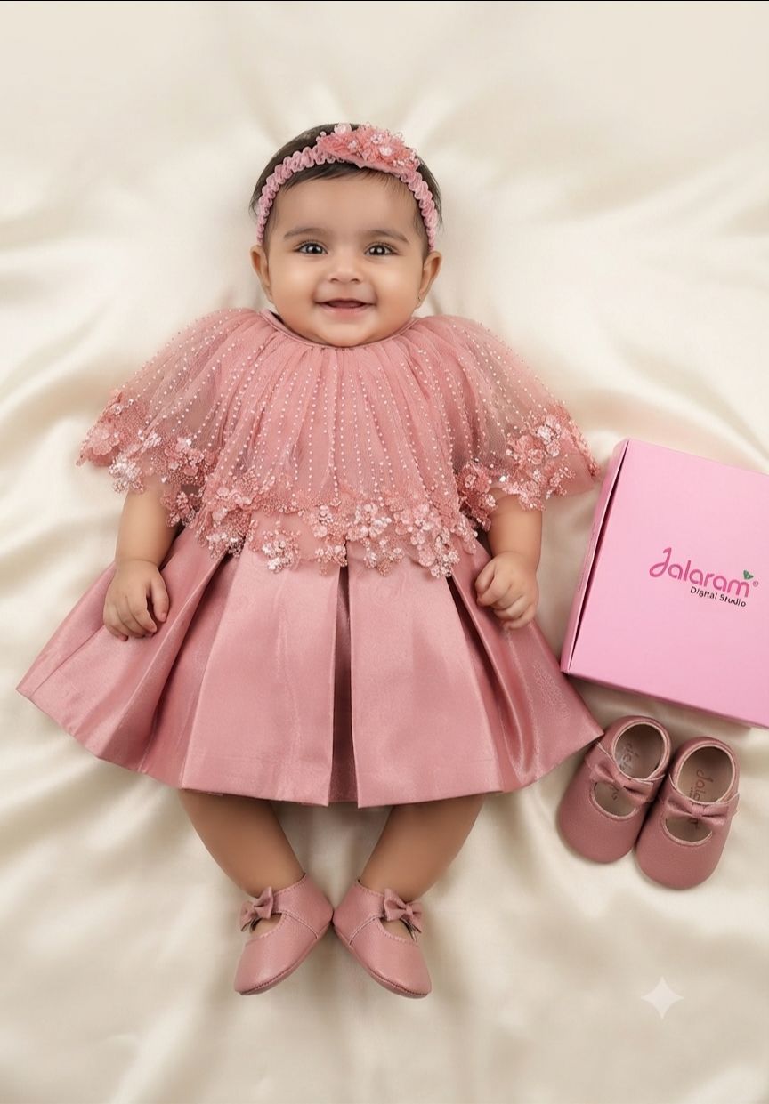 Baby Girls Dusty Pink Cape Style Party Wear Frock with Matching Shoes 8057a