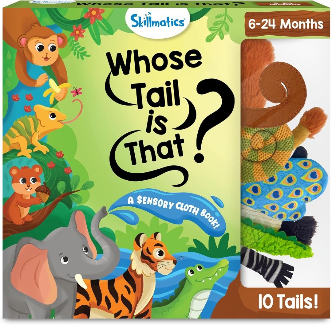 Skillmatics Sensory Cloth Book – 10 Animal Tails, Interactive Baby Book
Baby Book with Crinkle Pages, Early Learning & Sensory Play, Educational Toy & Gift for Babies 6–24 Months