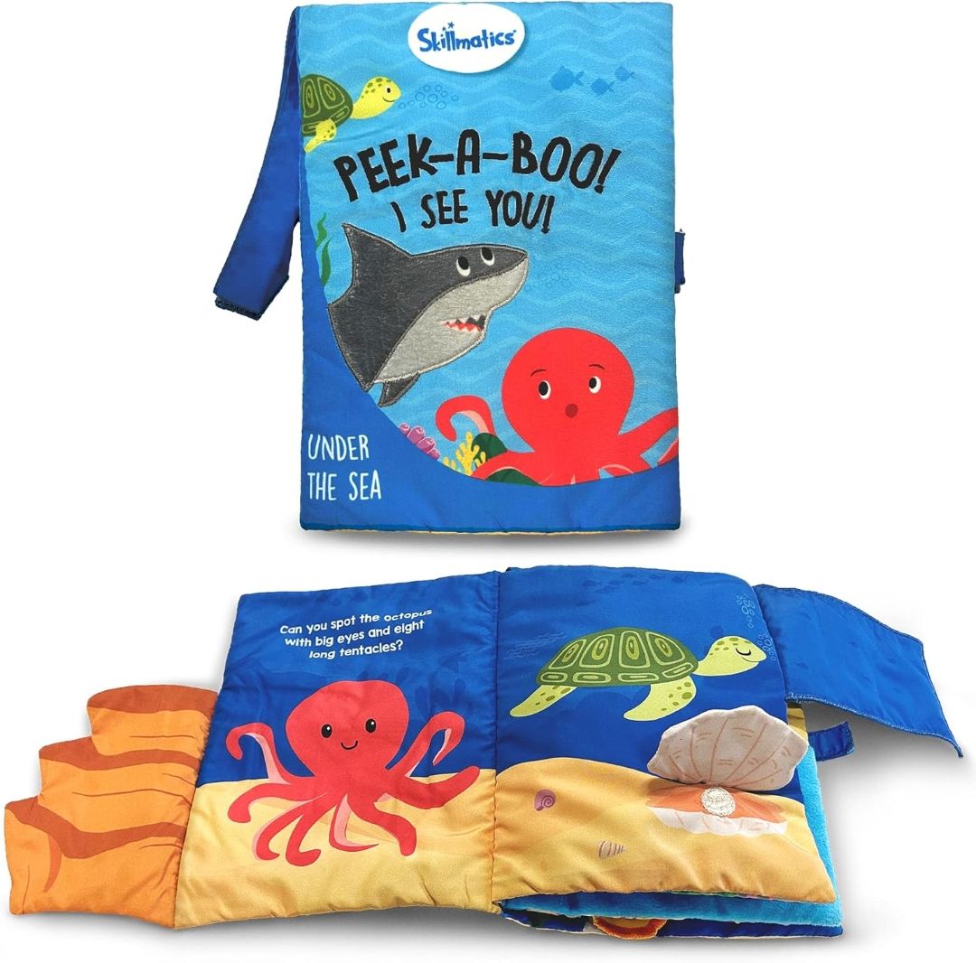 Skillmatics Peek–A–Boo Underwater Animal Book
Soft Cloth Book for Baby, Crinkle Pages for Sensory Play, Toddler Toys, Gifts for Ages 6 Months and Up view 7
