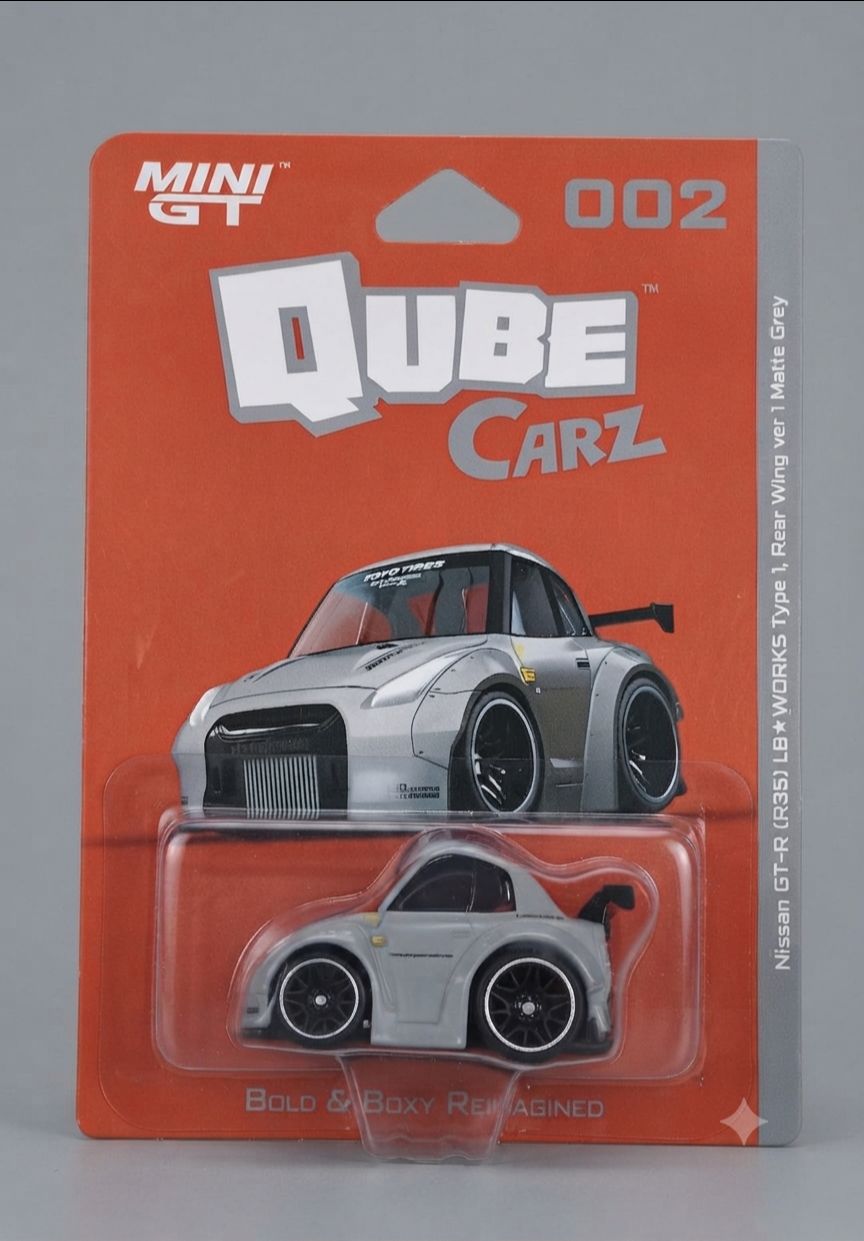 MINI GT QUBE Carz 002 – Nissan GT-R (R35) LB★WORKS Type 1 Rear Wing Ver. | Matte Grey | Die-Cast Collectible