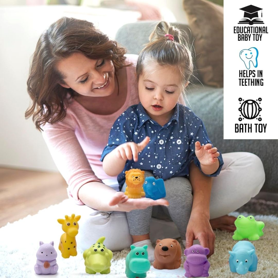 Amazon Brand - Jam & Honey Baby Bath Toy Set 3+ Months for Toddlers, 10 Pieces, Colourful Jungle Animal Chuchu Squeeze Toys, Floating Bath Toys for Kids, BPA Free, BIS Certified Safe for Kids view 6