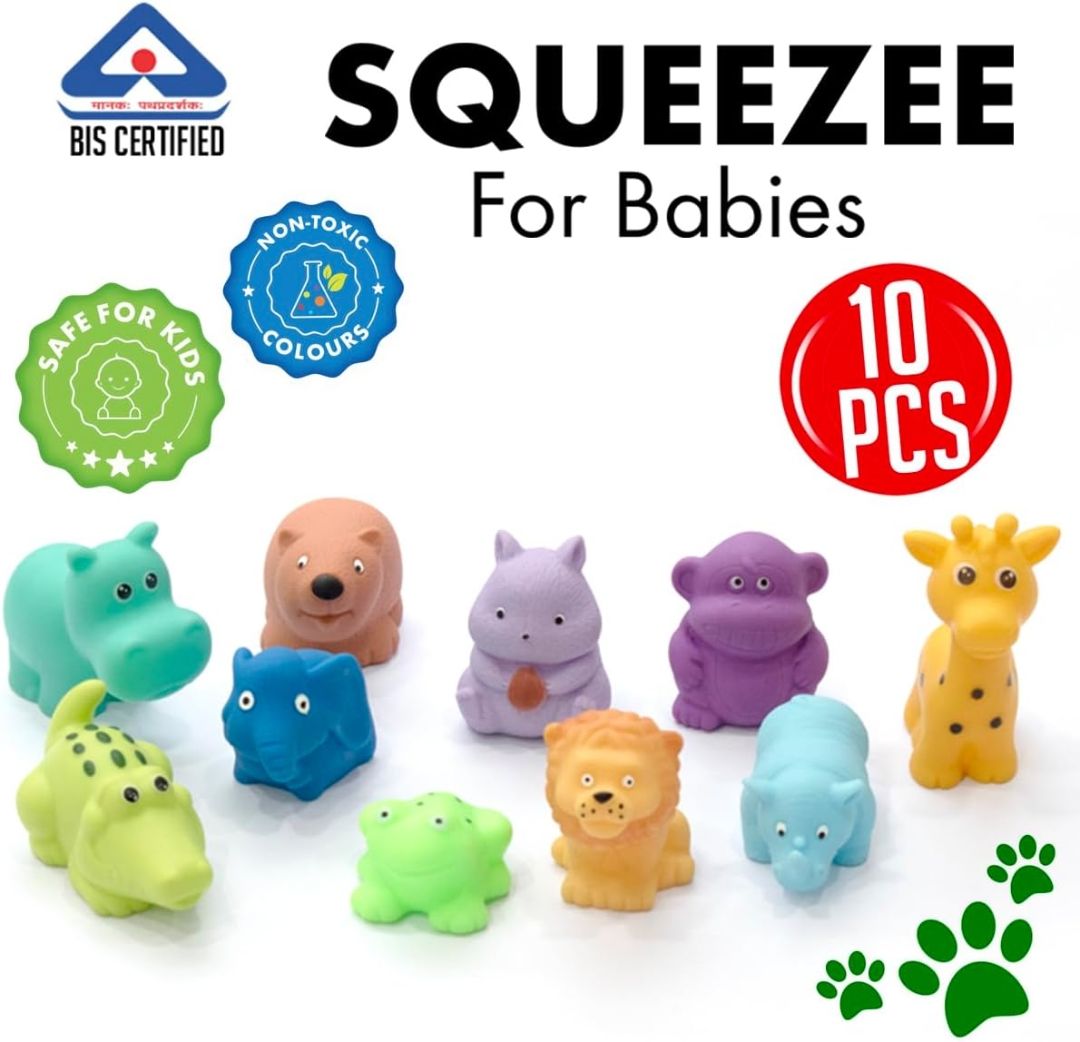 Amazon Brand - Jam & Honey Baby Bath Toy Set 3+ Months for Toddlers, 10 Pieces, Colourful Jungle Animal Chuchu Squeeze Toys, Floating Bath Toys for Kids, BPA Free, BIS Certified Safe for Kids view 2