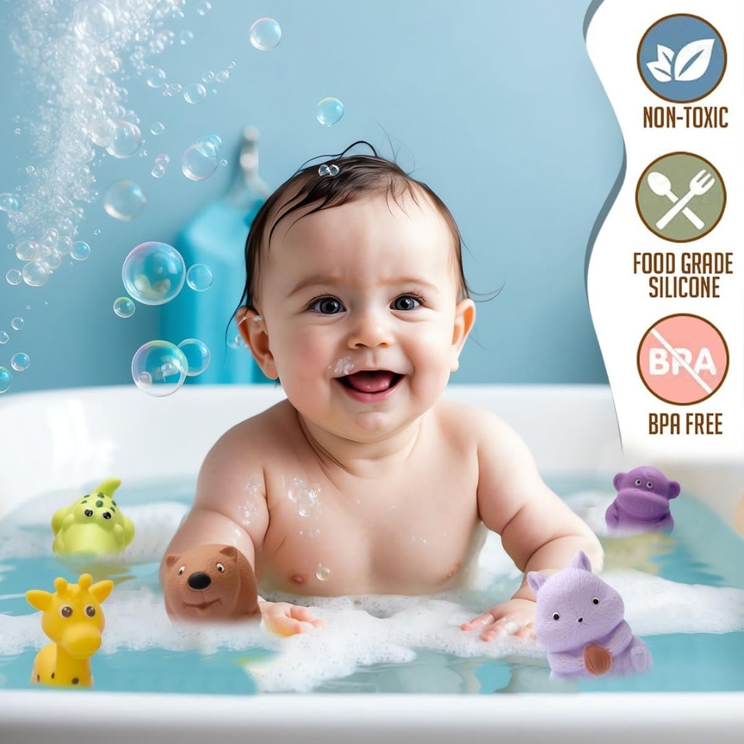 Amazon Brand - Jam & Honey Baby Bath Toy Set 3+ Months for Toddlers, 10 Pieces, Colourful Jungle Animal Chuchu Squeeze Toys, Floating Bath Toys for Kids, BPA Free, BIS Certified Safe for Kids view 5