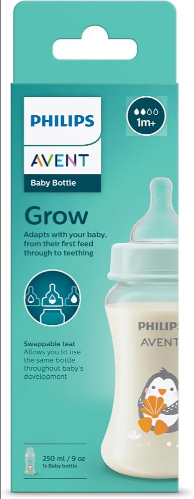 Philips Avent Grow Plastic Feeding Bottle | Anti-Colic | Easy Fill,Easy Clean|BPA Free | with 1M+ Flow Teat | Made in India (250ml) (Penguine with Sea Shell) view 4