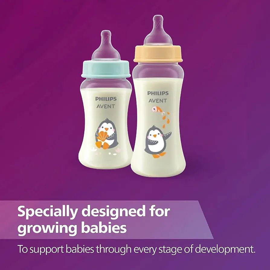 Philips Avent Grow Plastic Feeding Bottle | Anti-Colic | Easy Fill,Easy Clean|BPA Free | with 1M+ Flow Teat | Made in India (250ml) (Penguine with Sea Shell) view 6