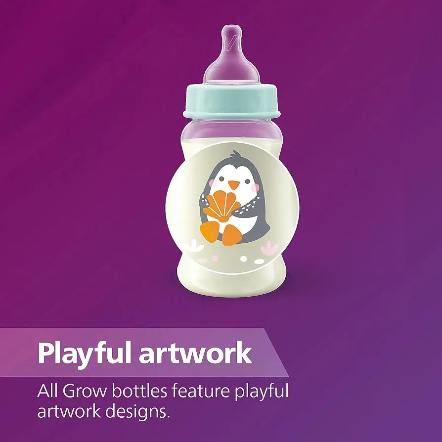 Philips Avent Grow Plastic Feeding Bottle | Anti-Colic | Easy Fill,Easy Clean|BPA Free | with 1M+ Flow Teat | Made in India (250ml) (Penguine with Sea Shell) view 3