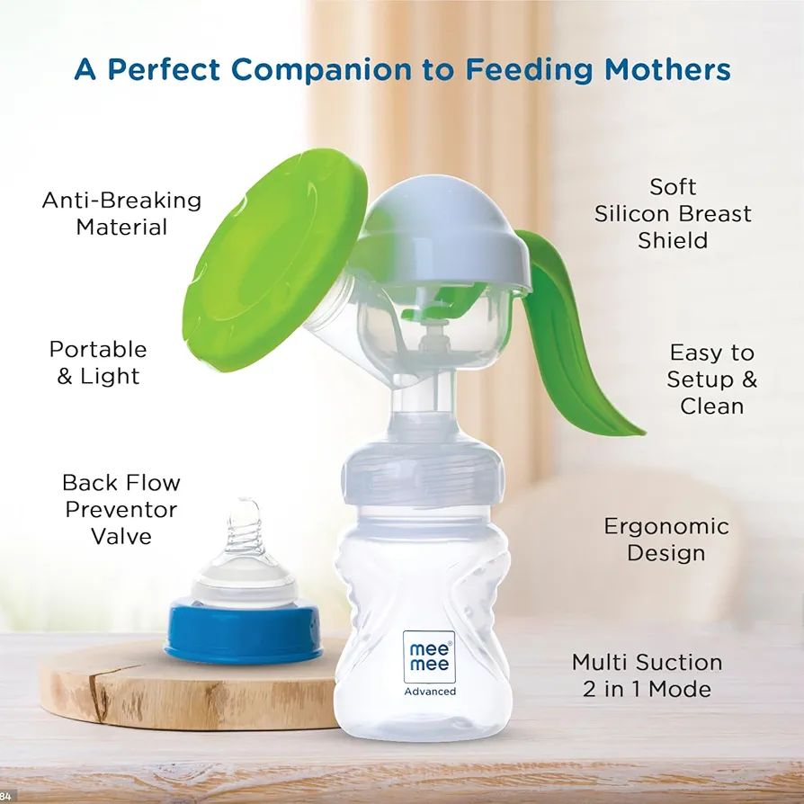 Mee Mee Quiet Express Manual Breast Pump for Feeding Mothers with 2 Level Suction Adjustment, Soft & Gentle Silica Pad, Anti-Back Flow Compact Design, Easy & Painless Breast Feeding, BPA Free (Green) view 3
