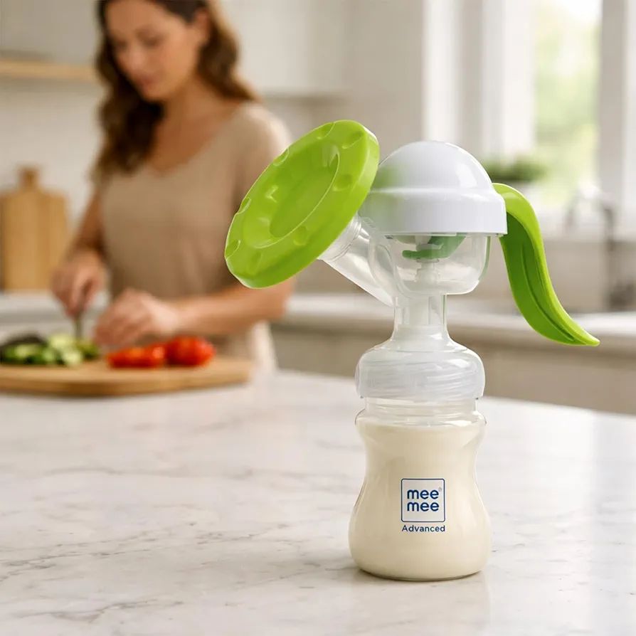 Mee Mee Quiet Express Manual Breast Pump for Feeding Mothers with 2 Level Suction Adjustment, Soft & Gentle Silica Pad, Anti-Back Flow Compact Design, Easy & Painless Breast Feeding, BPA Free (Green)