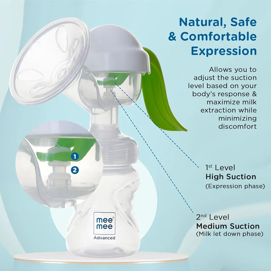 Mee Mee Quiet Express Manual Breast Pump for Feeding Mothers with 2 Level Suction Adjustment, Soft & Gentle Silica Pad, Anti-Back Flow Compact Design, Easy & Painless Breast Feeding, BPA Free (Green) view 4