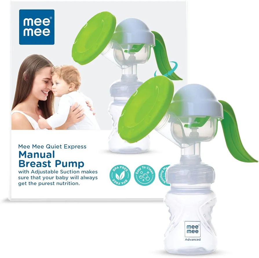 Mee Mee Quiet Express Manual Breast Pump for Feeding Mothers with 2 Level Suction Adjustment, Soft & Gentle Silica Pad, Anti-Back Flow Compact Design, Easy & Painless Breast Feeding, BPA Free (Green) view 2
