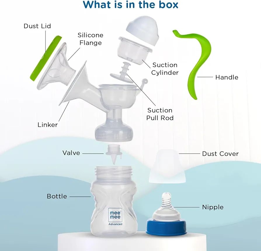 Mee Mee Quiet Express Manual Breast Pump for Feeding Mothers with 2 Level Suction Adjustment, Soft & Gentle Silica Pad, Anti-Back Flow Compact Design, Easy & Painless Breast Feeding, BPA Free (Green) view 7