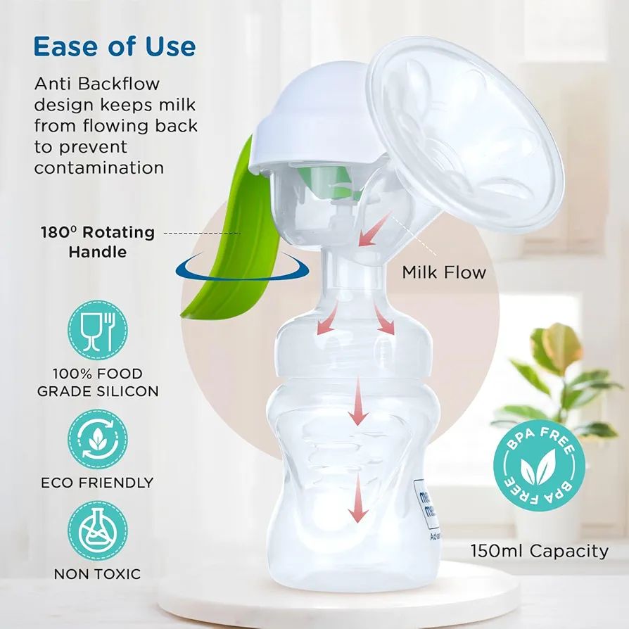 Mee Mee Quiet Express Manual Breast Pump for Feeding Mothers with 2 Level Suction Adjustment, Soft & Gentle Silica Pad, Anti-Back Flow Compact Design, Easy & Painless Breast Feeding, BPA Free (Green) view 5