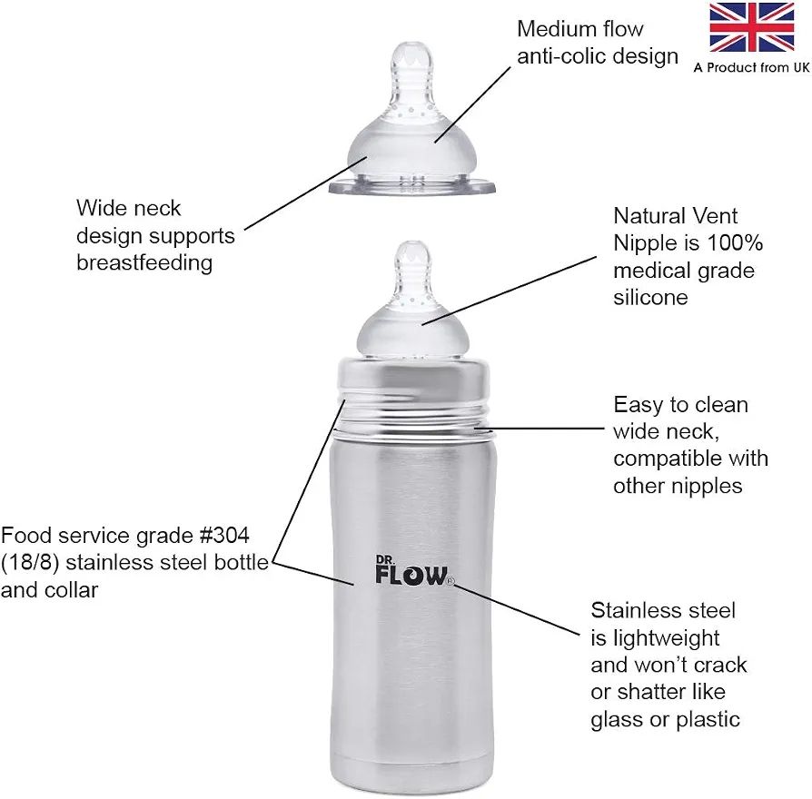 Dr Flow Vogue Stainless Steel Baby Feeding Bottle |100% Plastic Free & Non-Toxic Stainless Steel | 304 (18/8) Grade Stainless Steel | Anti Colic Silicone Teat | DF9002, Grey Color (360 ml) view 4