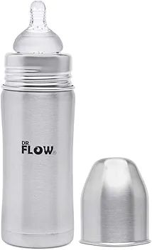 Dr Flow Vogue Stainless Steel Baby Feeding Bottle |100% Plastic Free & Non-Toxic Stainless Steel | 304 (18/8) Grade Stainless Steel | Anti Colic Silicone Teat | DF9002, Grey Color (360 ml)