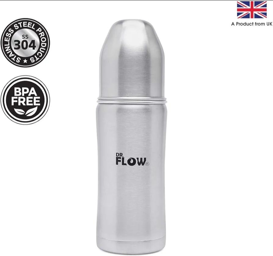 Dr Flow Vogue Stainless Steel Baby Feeding Bottle |100% Plastic Free & Non-Toxic Stainless Steel | 304 (18/8) Grade Stainless Steel | Anti Colic Silicone Teat | DF9002, Grey Color (360 ml) view 2