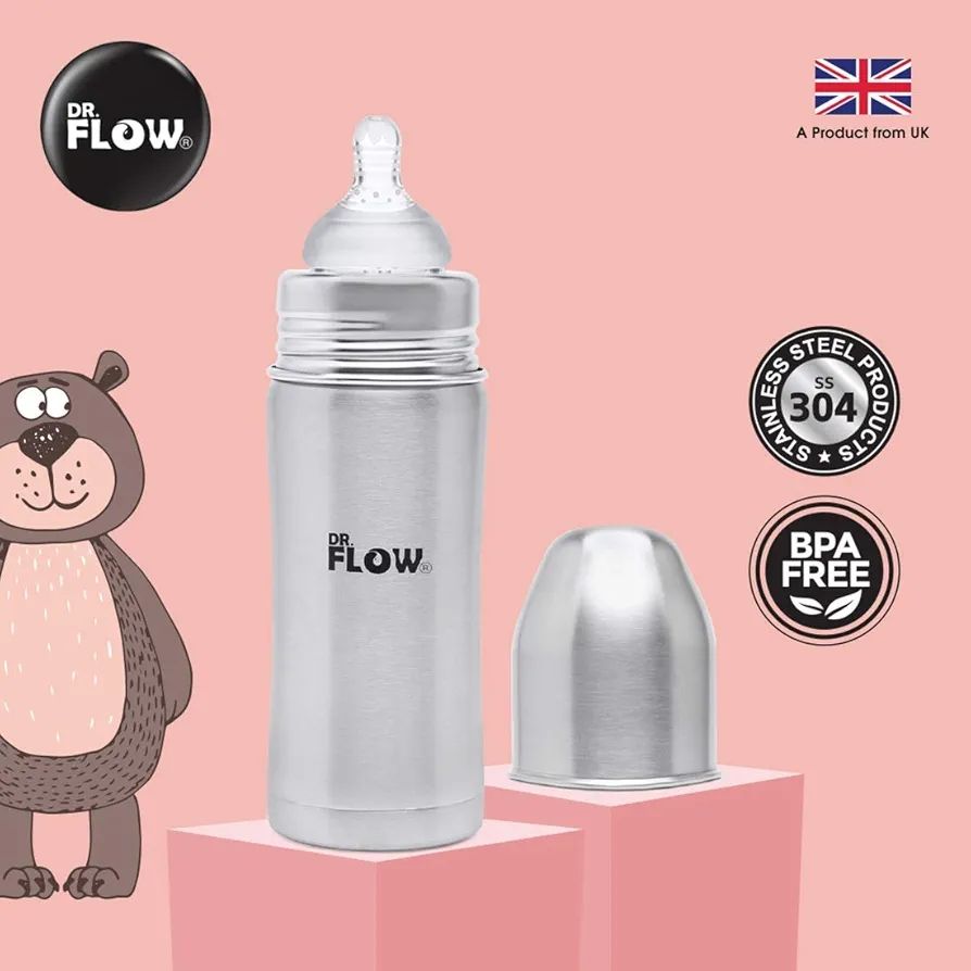 Dr Flow Vogue Stainless Steel Baby Feeding Bottle |100% Plastic Free & Non-Toxic Stainless Steel | 304 (18/8) Grade Stainless Steel | Anti Colic Silicone Teat | DF9002, Grey Color (360 ml) view 5