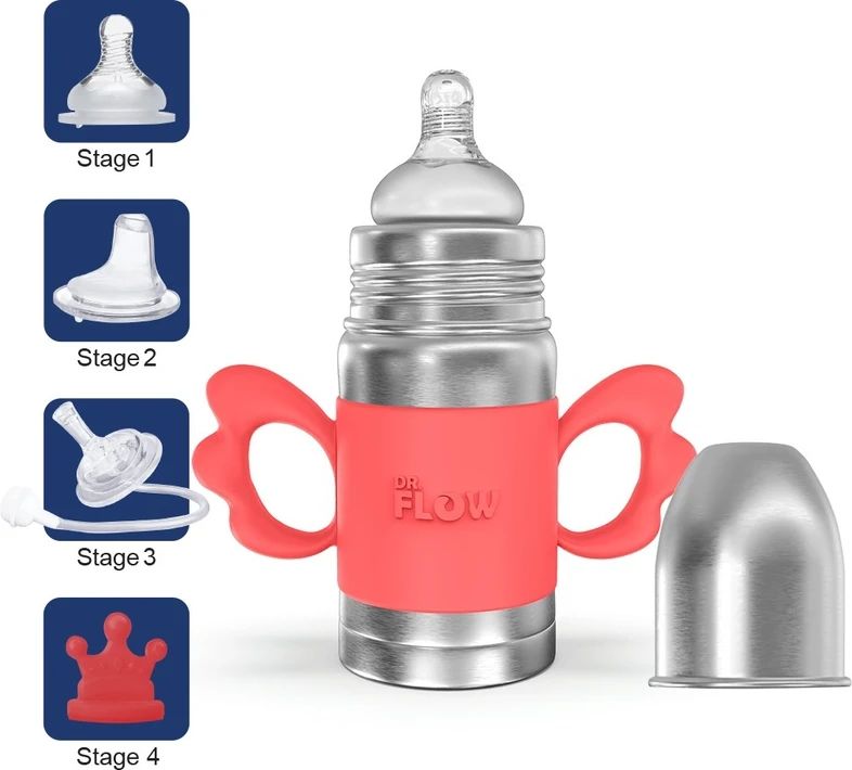 DR.Flow Vogue+ Stainless Steel Baby Feeding Bottle with Silicone Handle & Silicone Closing Disc 260ml/8oz |100% Plastic free & Non-Toxic Stainless Steel | 304 (18/8) Grade Stainless Steel | Anti Colic Silicone Teat | DF9009 - 260 ml view 2