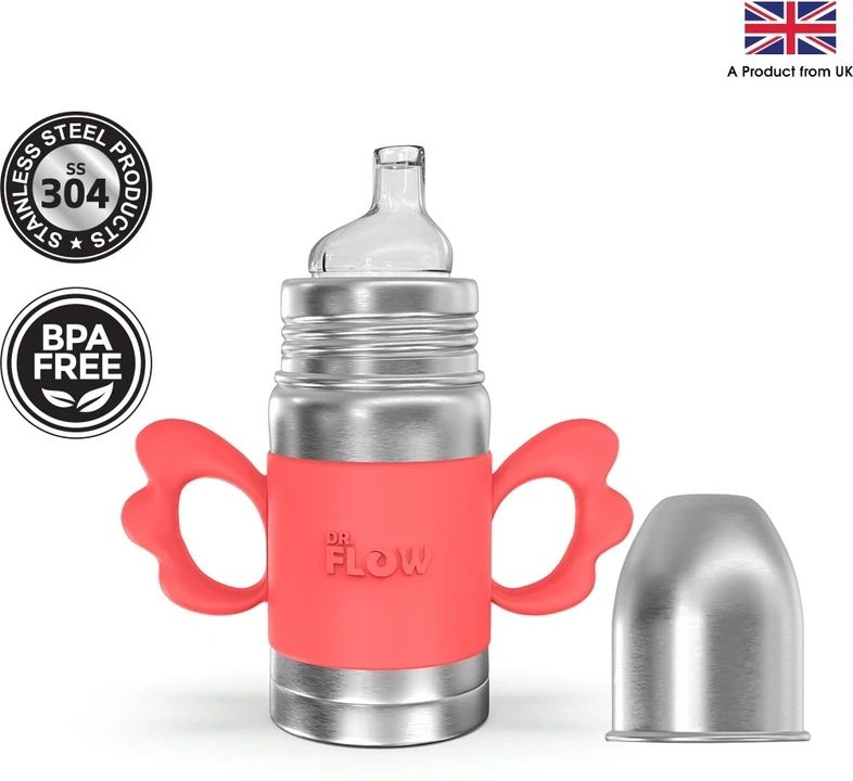 DR.Flow Vogue+ Stainless Steel Baby Feeding Bottle with Silicone Handle & Silicone Closing Disc 260ml/8oz |100% Plastic free & Non-Toxic Stainless Steel | 304 (18/8) Grade Stainless Steel | Anti Colic Silicone Teat | DF9009 - 260 ml view 3
