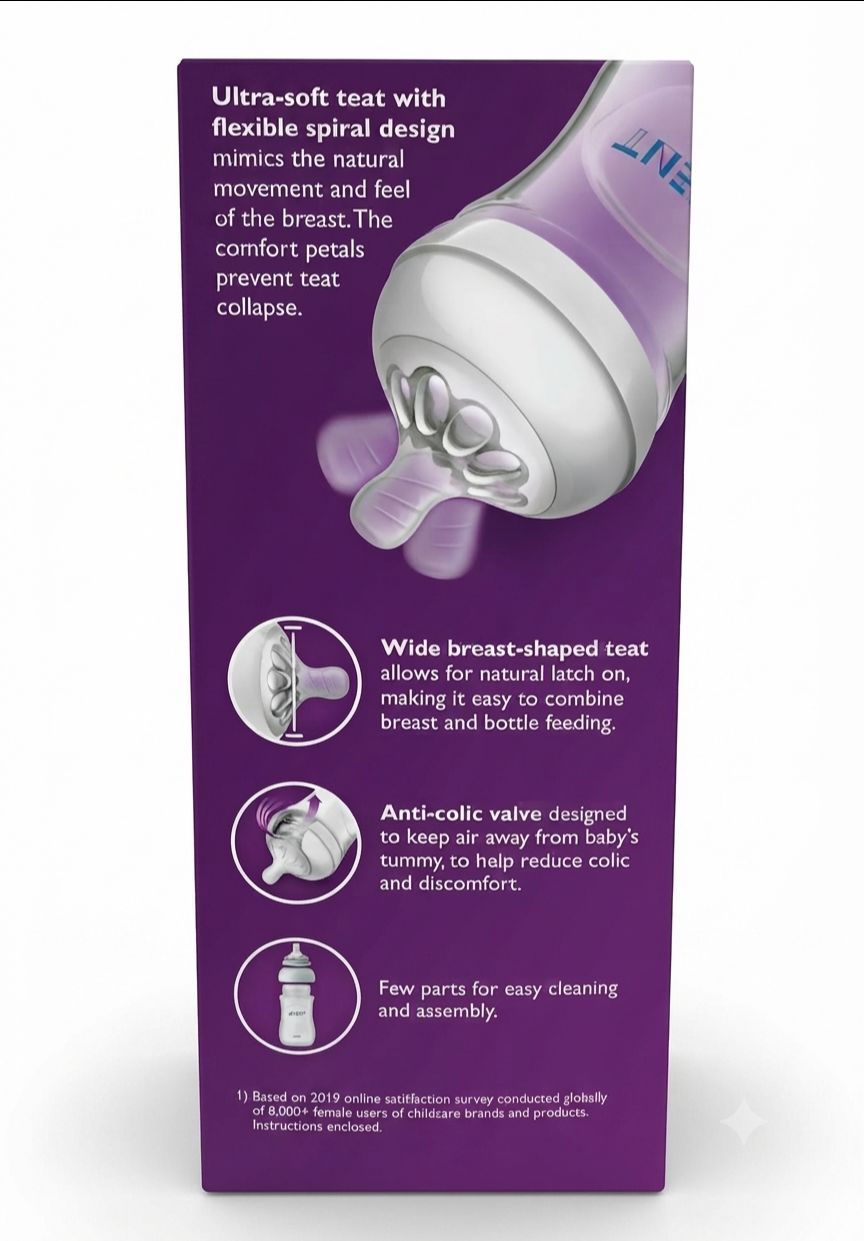 Product Name: Philips Avent Natural Baby Bottle
Capacity: 260 ml / 9 oz (1 bottle)
Age Recommendation: 1m+
Key Benefit: Easy to combine with breastfeeding. view 3