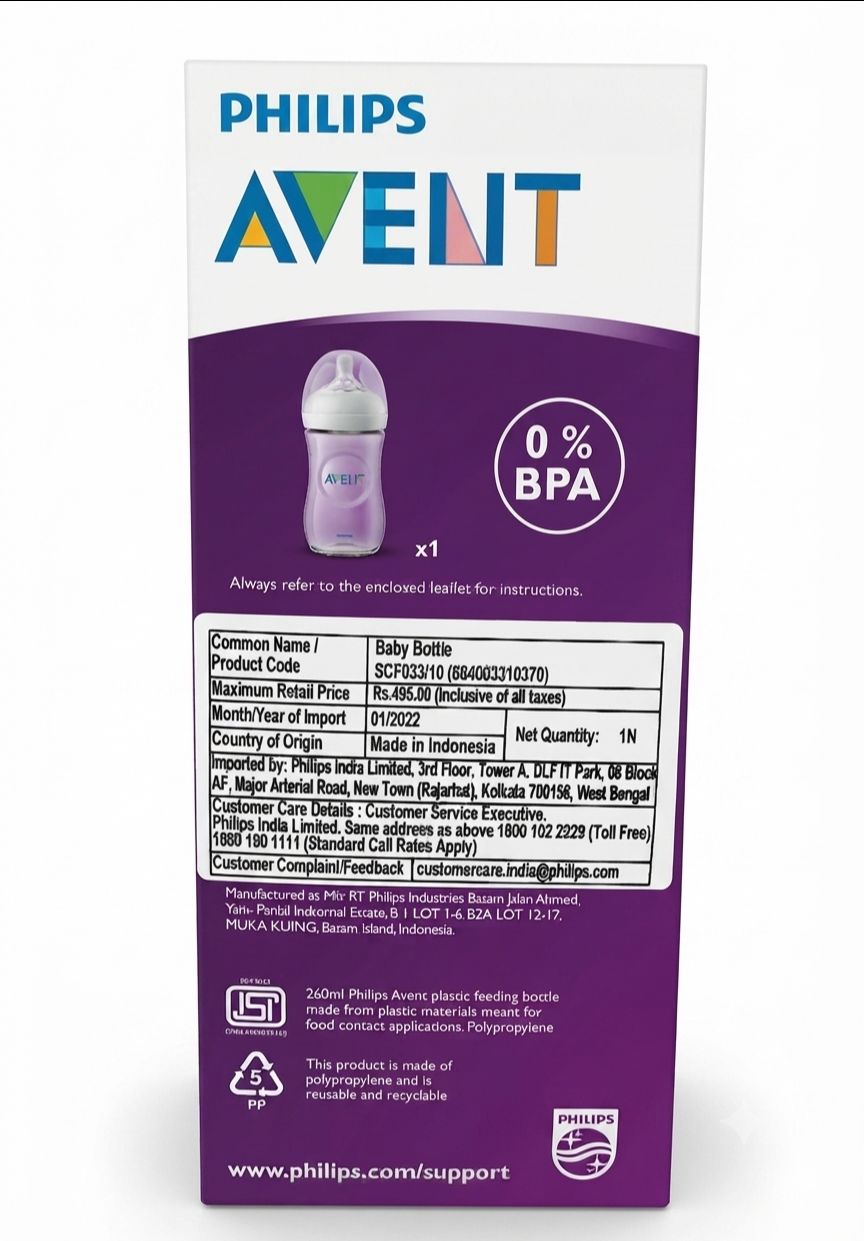Product Name: Philips Avent Natural Baby Bottle
Capacity: 260 ml / 9 oz (1 bottle)
Age Recommendation: 1m+
Key Benefit: Easy to combine with breastfeeding. view 2