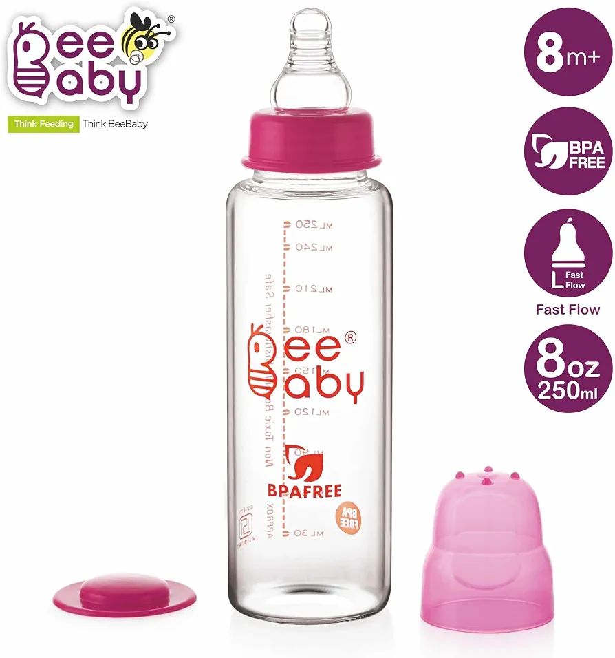 BeeBaby Options+ Glass Feeding Bottle with Anti-Colic Silicone Nipple for Babies, New Borns, Infants.Made of Borosilicate Glass 100% BPA Free (250 ml, Pink, 8M+) view 4