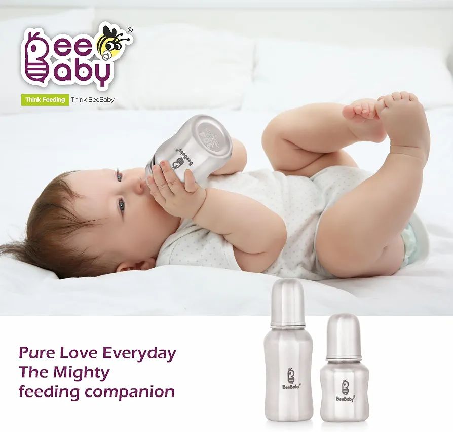 BeeBaby Mighty Slim Neck Stainless Steel Feeding Bottle 120ml with Anti-Colic Nipple | 304 Grade SS Baby Bottle | BPA-Free, Leak-Proof, Travel-Friendly Milk Bottle for Infants & Toddlers - 4 Months+ view 3
