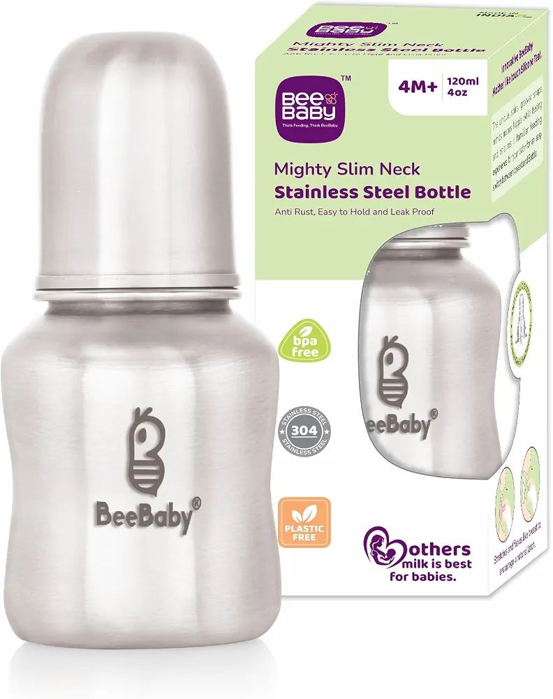 BeeBaby Mighty Slim Neck Stainless Steel Feeding Bottle 120ml with Anti-Colic Nipple | 304 Grade SS Baby Bottle | BPA-Free, Leak-Proof, Travel-Friendly Milk Bottle for Infants & Toddlers - 4 Months+