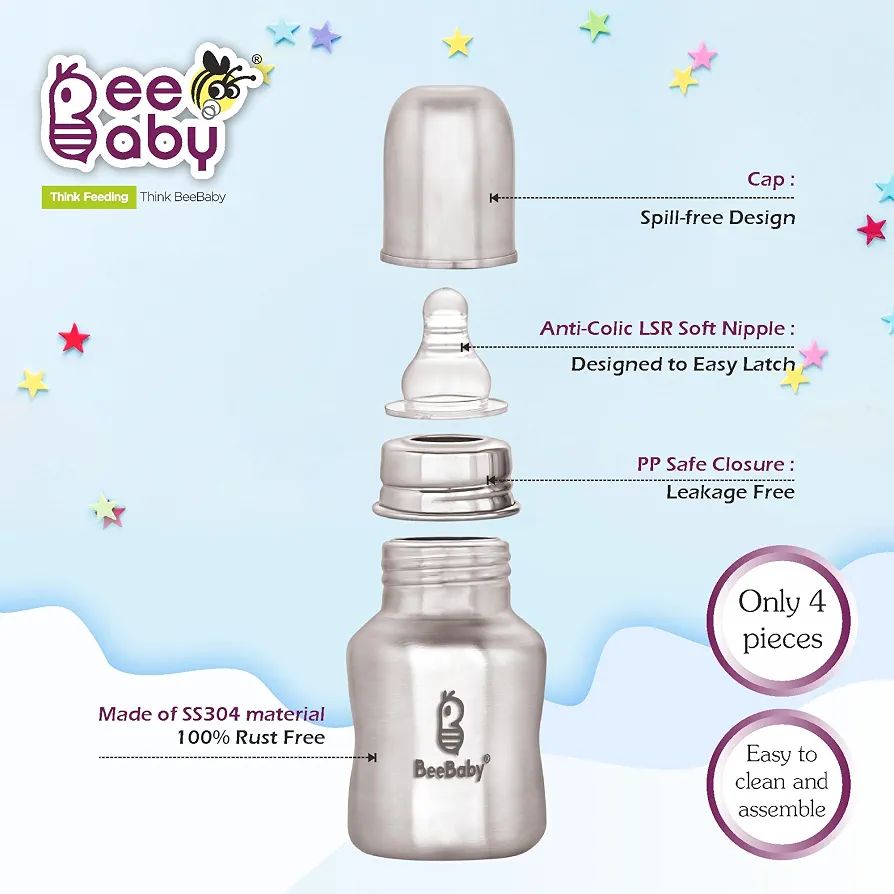 BeeBaby Mighty Slim Neck Stainless Steel Feeding Bottle 120ml with Anti-Colic Nipple | 304 Grade SS Baby Bottle | BPA-Free, Leak-Proof, Travel-Friendly Milk Bottle for Infants & Toddlers - 4 Months+ view 5