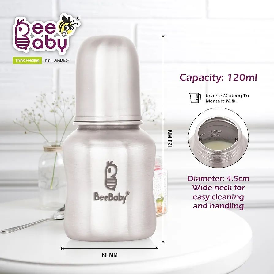 BeeBaby Mighty Slim Neck Stainless Steel Feeding Bottle 120ml with Anti-Colic Nipple | 304 Grade SS Baby Bottle | BPA-Free, Leak-Proof, Travel-Friendly Milk Bottle for Infants & Toddlers - 4 Months+ view 4