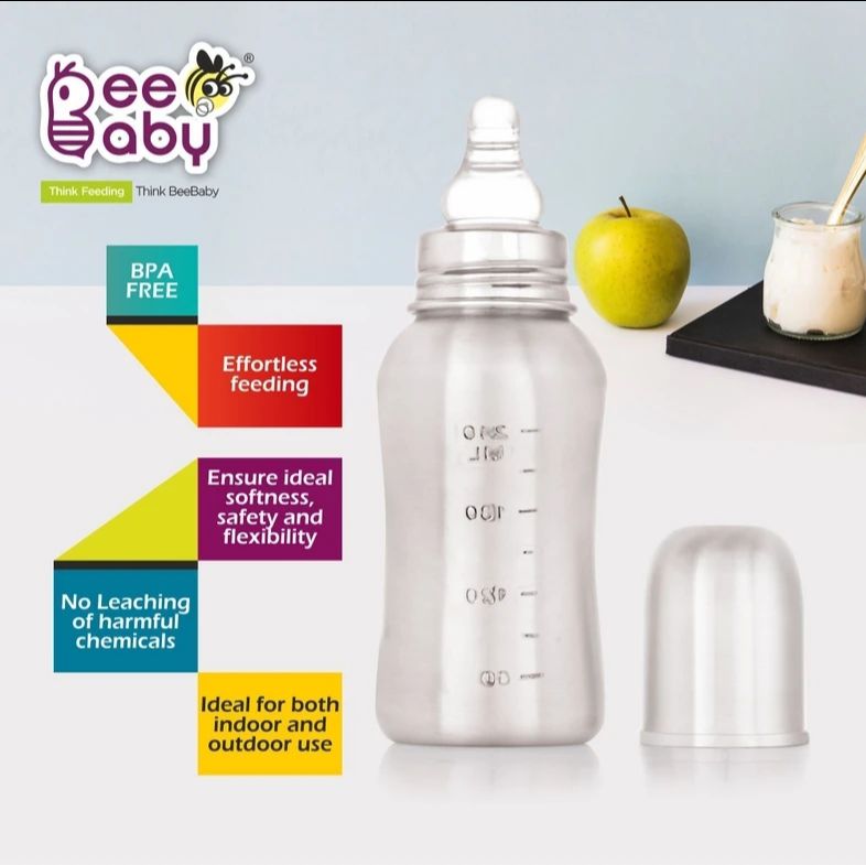 Beebaby Mighty Slim Neck 304 Stainless Steel Feeding Bottle. BPA Free, Leakproof 8M+ - 240 ml (Silver) view 2
