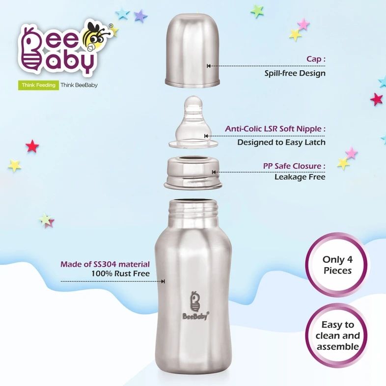 Beebaby Mighty Slim Neck 304 Stainless Steel Feeding Bottle. BPA Free, Leakproof 8M+ - 240 ml (Silver) view 3
