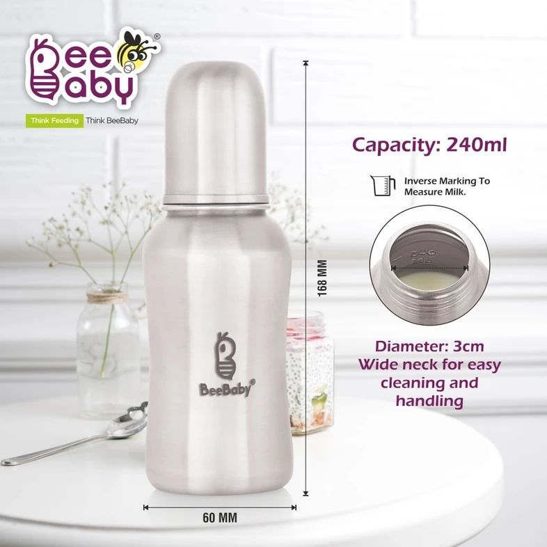 Beebaby Mighty Slim Neck 304 Stainless Steel Feeding Bottle. BPA Free, Leakproof 8M+ - 240 ml (Silver) view 4