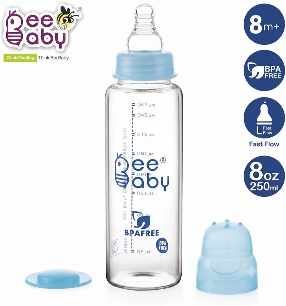 BeeBaby Options+ Glass Feeding Bottle with Anti-Colic Silicone Nipple for Babies, New Borns, Infants.Made of Borosilicate Glass 100% BPA Free (250 ml, Blue, 8M+) view 2