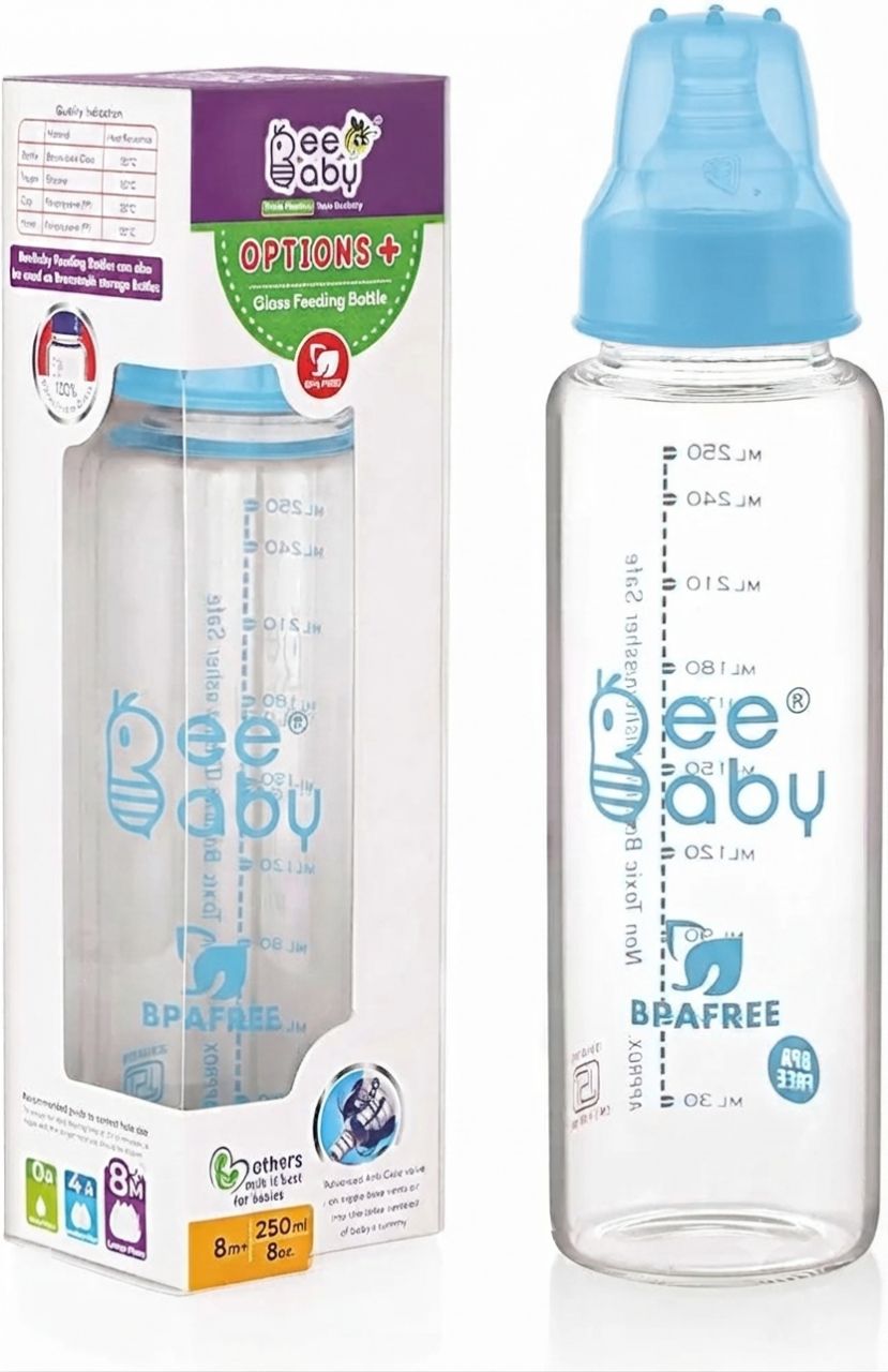 BeeBaby Options+ Glass Feeding Bottle with Anti-Colic Silicone Nipple for Babies, New Borns, Infants.Made of Borosilicate Glass 100% BPA Free (250 ml, Blue, 8M+)