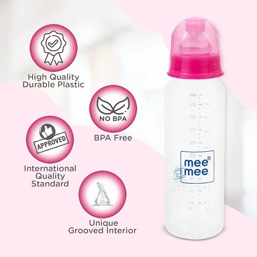 Mee Mee Baby Plastic Feeding Bottle 250Ml |BPA-Free Baby Milk Bottle with Eazy Flo Technology, Anti-Colic Valve, Non Toxic and Ergonomic Design for New Born/Infants/Toddler Upto 3 Years (Pink) view 3